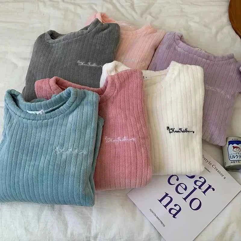 Winter Flannel Two-piece Loose Casual New O-neck Striped Coral Fleece Top Elastic Waist Pants sets Women's Pajamas Set Sleepwear