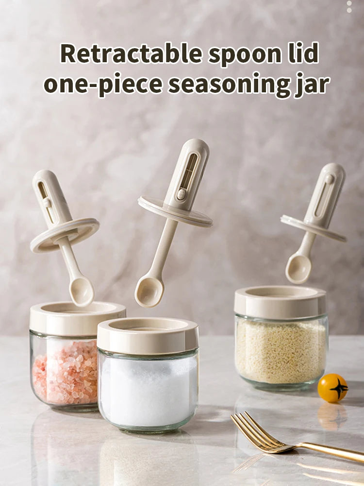 1/3 pcs Glass Seasoning Bottle With Telescopic Spoon Household Kitchen Salt Storage Box Leak Proof and Moisture-proof