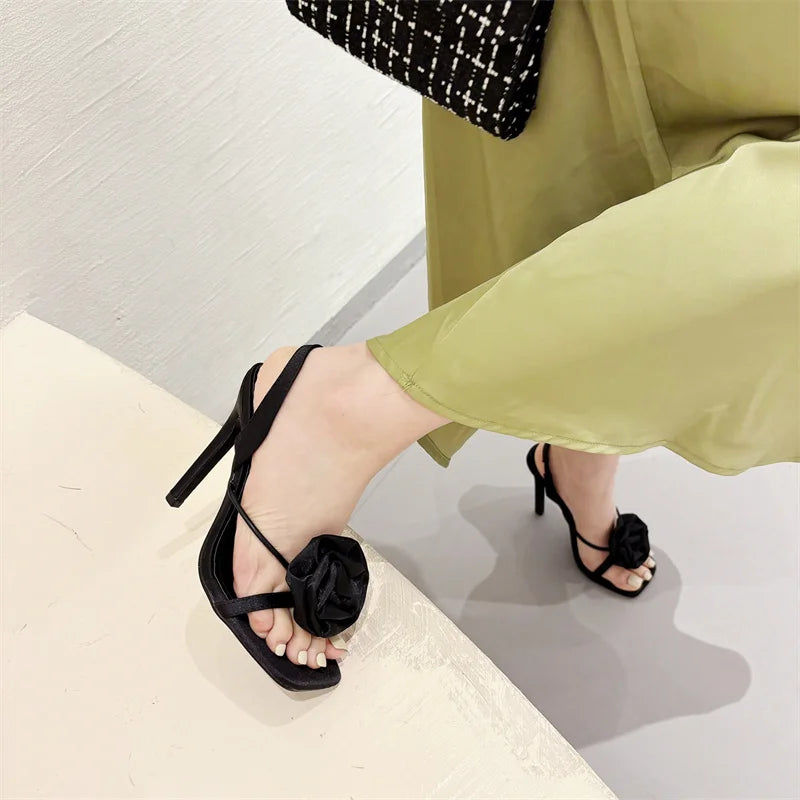 Liyke Summer Square Toe Slip On Back Strap Sandals Women Fashion Red Rose Flowers Designer High Heels Ladies Shoes Size 35-42