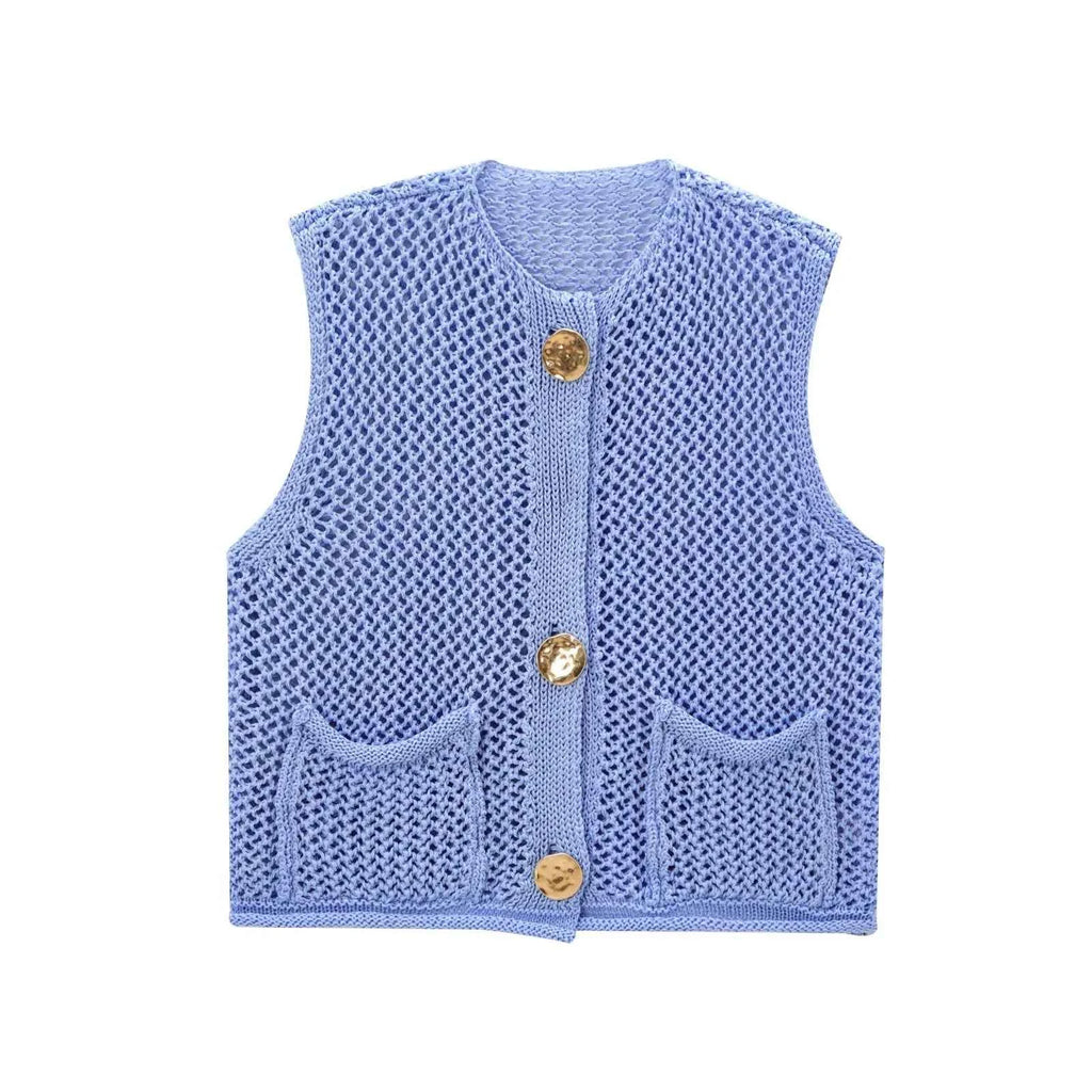 Women Fashion Sleeveless Coarse Needle Knitting Vest Sweater Female Chic Big Pockets Patch Buttons Cardigan Waistcoat Tops