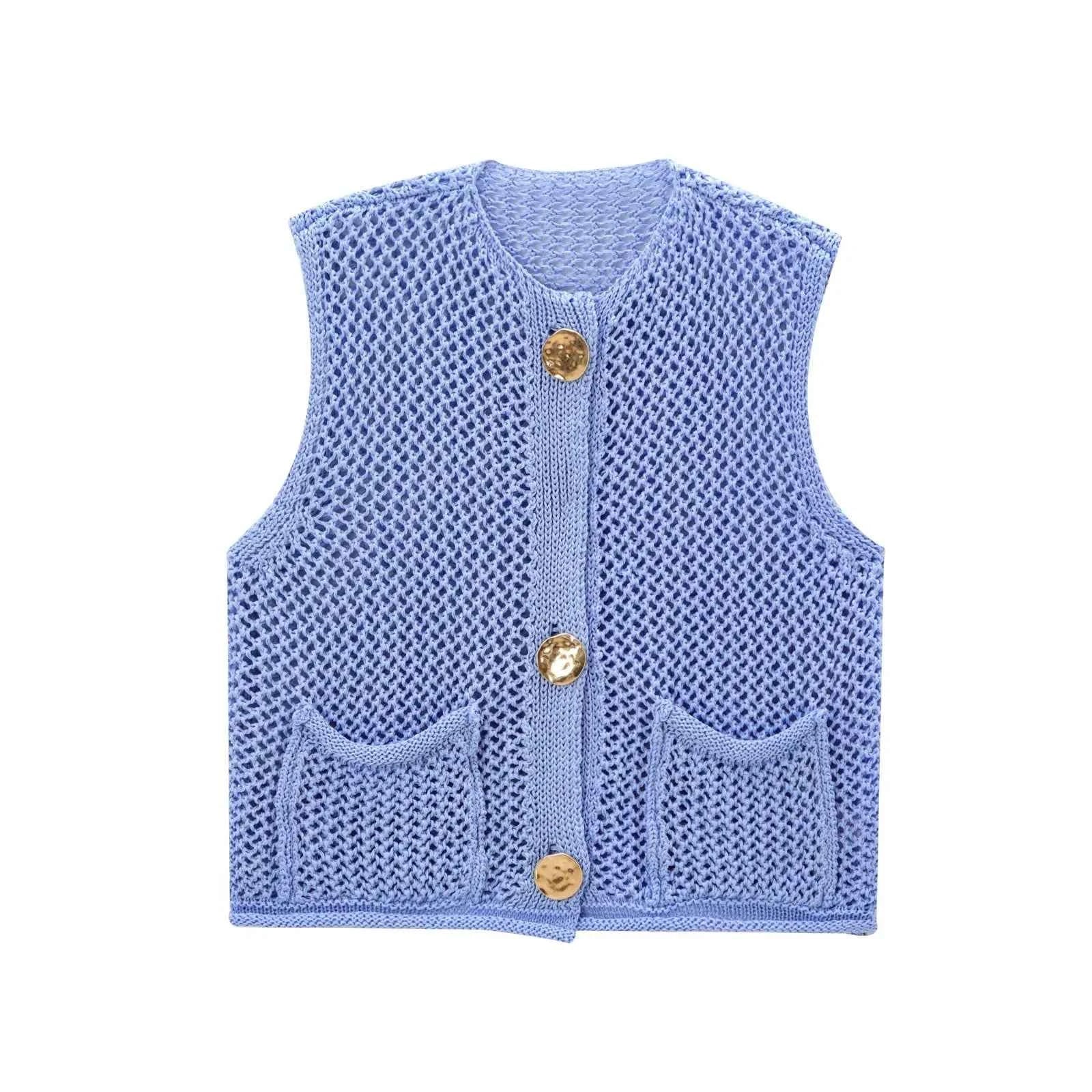 Women Fashion Sleeveless Coarse Needle Knitting Vest Sweater Female Chic Big Pockets Patch Buttons Cardigan Waistcoat Tops