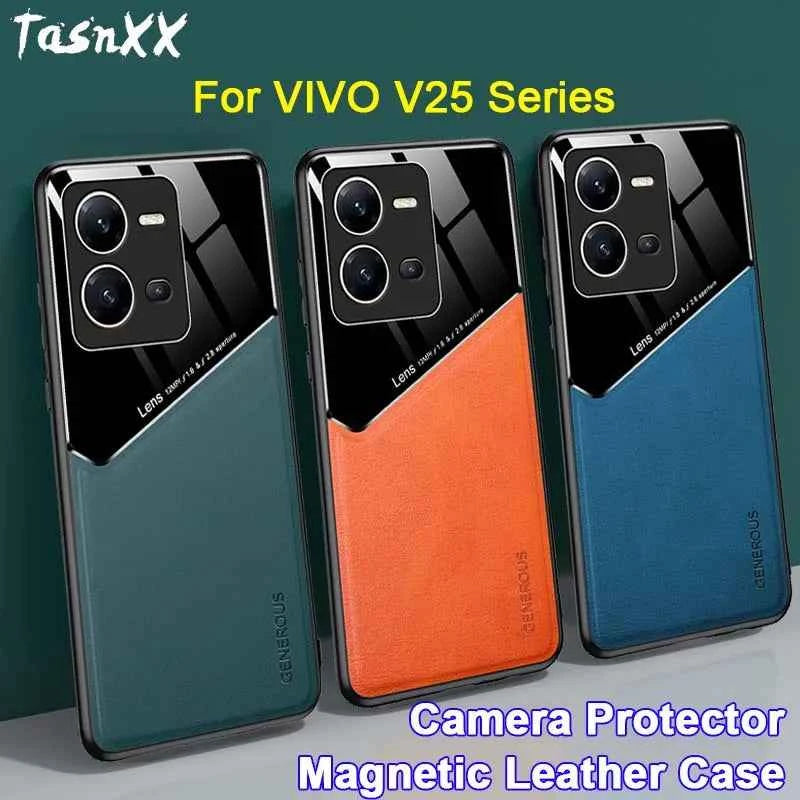 Luxury Magnetic Leather Glass Phone Case For VIVO V25 V25E Pro Ultra Thin Soft Matte Back Camera Protector Film Cover Shell