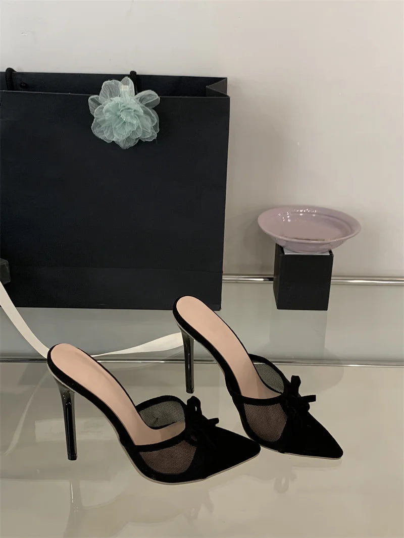 Liyke Street Fashion Bowknot Mesh Women Slippers Sandals Sexy Pointed Open Toe Black High Heels Mules Slides Party Banquet Shoes