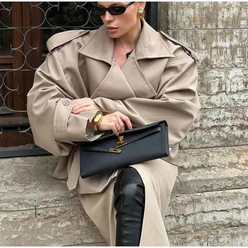 Cropped Lace-up Blue Casual Trench Coat Women Lapel Long Sleeve Wide Shoulder Windbreaker Jacket Fall Commute Daily Streetwear