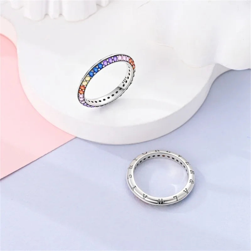 MISEFF Real 925 Sterling Silver Double Rings Simple Color Zircon Rings For Wedding Engagement Birthday Silver Jewelry Gift