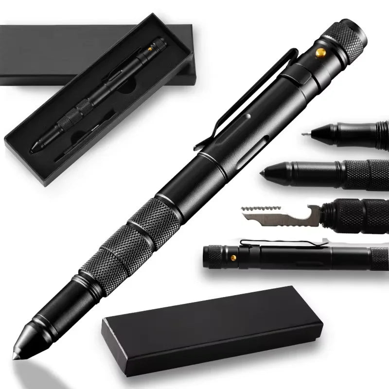 Portable Creative Self Defense Tactical Pen Emergency Flashlight Strobe Bottle Opener Car Window Breaker Pill Storage Gift Box