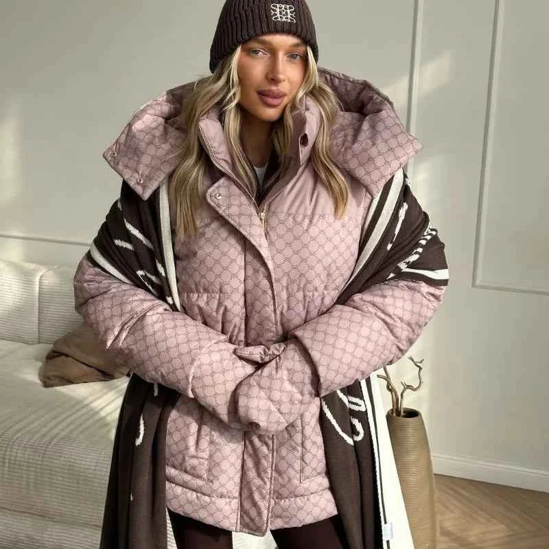 Printed Female Winter Cotton Quilted Jacket Hooded Thicken Zipper Single Breasted Long Sleeve 2025 New Casual Coat Loose Outwear