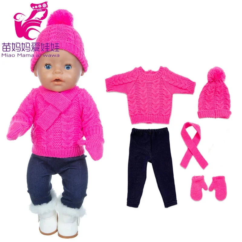 18 Inch Baby Doll Winter Clothes Set Crochet Sweater Scarf Hat Gloves New Year Apparel for 43 Cm Girl Dolls