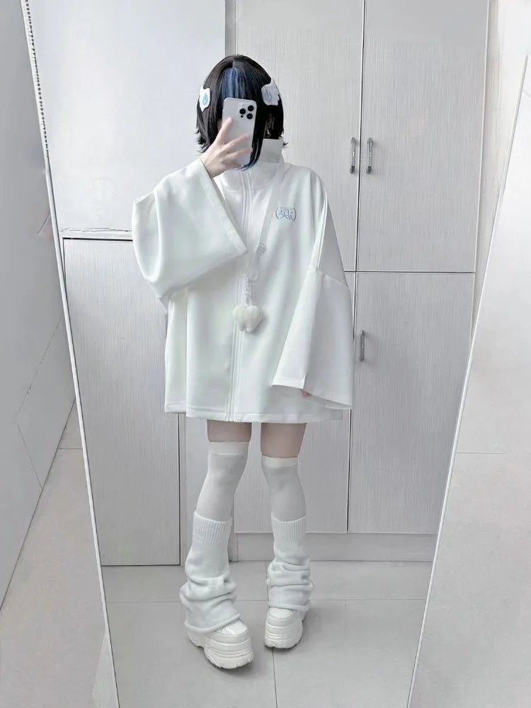 2025 Ropa Mujer Streetwear Coat for Women's Japanese Y2k Clothing Fashion White Zipper Outwear Tops Casual Stand Neck Jackets