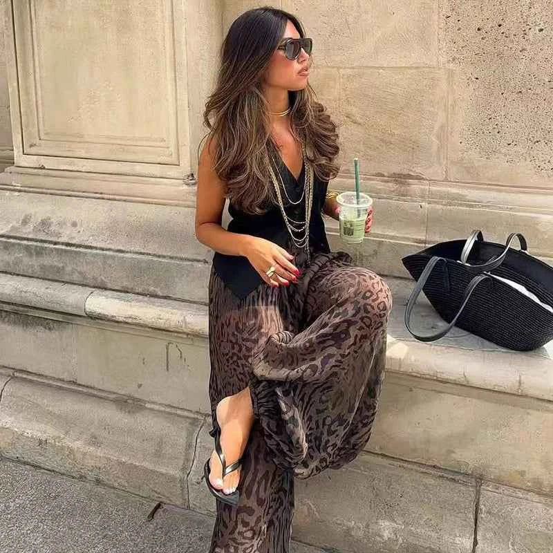 HXAO 2025 Women's Pants Animal Print Wide Pants Autumn Ladies Vintage Baggy Lantern Trousers Y2K Pleated Oversize Wide Leg Pants