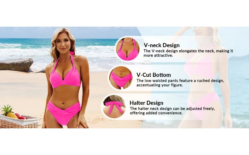 Women 2 Piece Bathing Suit Bikini Push Up Vintage Sexy Split Halter Swimsuit High Waist Bikini Vacation Pool Party Swimwear 2025