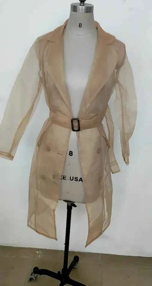 Joskaa Solid Organza See Through Lapel Full Sleeve Trench 2023 Summer Women Fashion Buttoned Coat with Belt Elegant Shirts