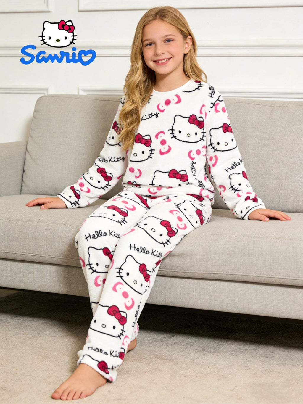 Sanrio girls' sleepwear and pants set for autumn and winter, Hello Kitty long sleeved pants with thick suede for home wear.