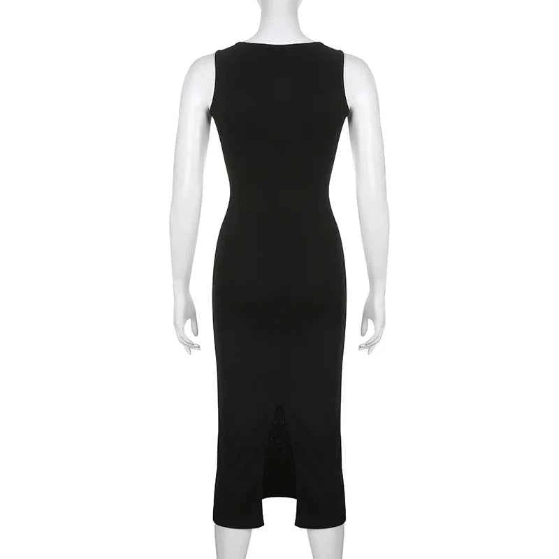 Myufon Basic Knit Long Dress Korean Fashion Square Collar Sleeveless Women's Dresses Summer Casual Y2k Vintage All-match Outftis