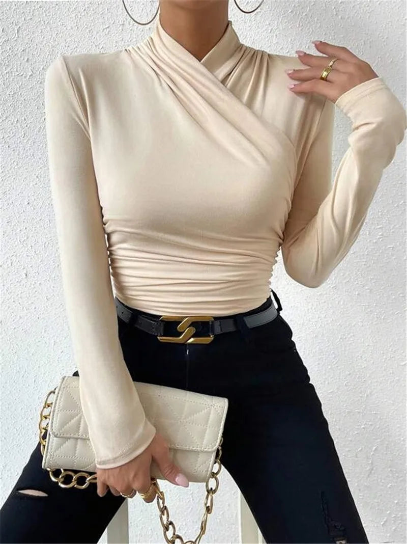Women's Clothing Autumn Winter Tshirts New Design Cross Neckline Versatile Pleated T-shirt Comfortable Fashion Slim Fit Sexy Top