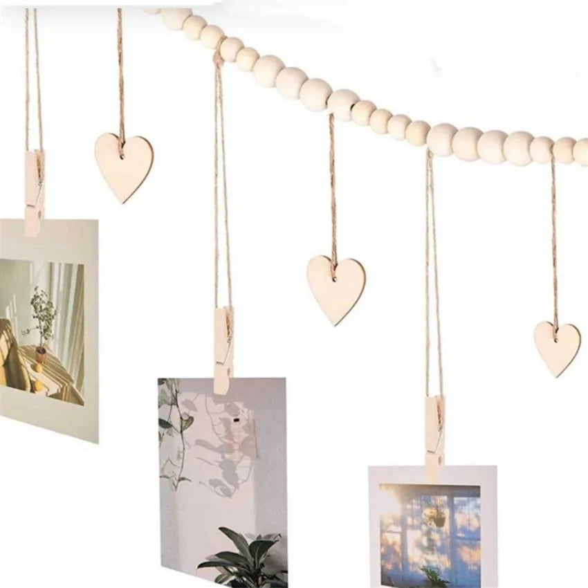 Hanging Photo Display Room Wall Decor, Boho Collage Picture Frame Christmas Cards Holder Wooden Hearts for Home Bedroom Office