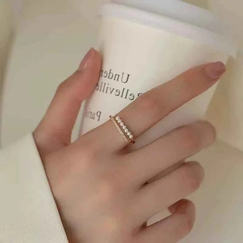 Light Luxury Micro Rhinestone Rings for Woman Gold-color Elegant Simulated Pearl Open Ring Party Wedding Stackable Ring Jewelry