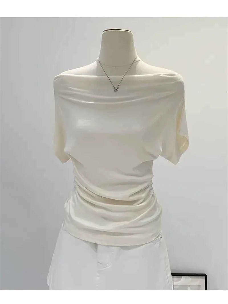 Summer One Shoulder Black Women's T-shirt Short Sleeve Korean Style Slimming Top Exposed Shoulder Fashionable