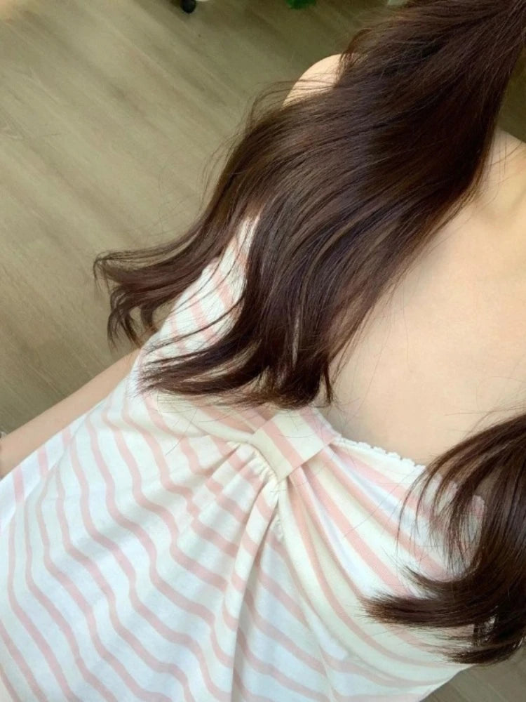 Japanese Sweet Vest Women Clothing Vintage Striped Sleeveless Tees Fashion Summer Camis Ruffles Slim Fit Vintage Tank Ropa Mujer