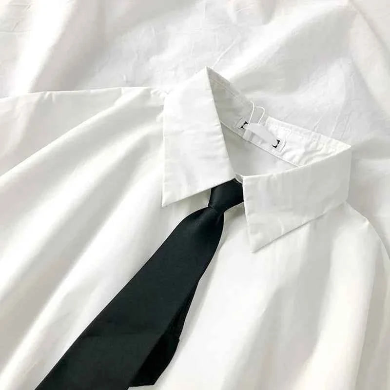 E-BAIHU 2025 White Shirt Women Blusas Short Sleeve Lapel Blouse with Tie Japanese Fashion Student Summer Daily College Style Top