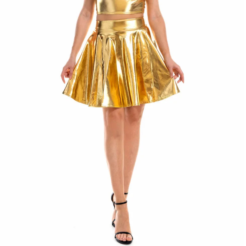 Women Summer Sexy Laser Skirts Mini PU Leather Club Party Dance Shiny Holographic Skirts Harajuku JK Metallic Pleated Skirts