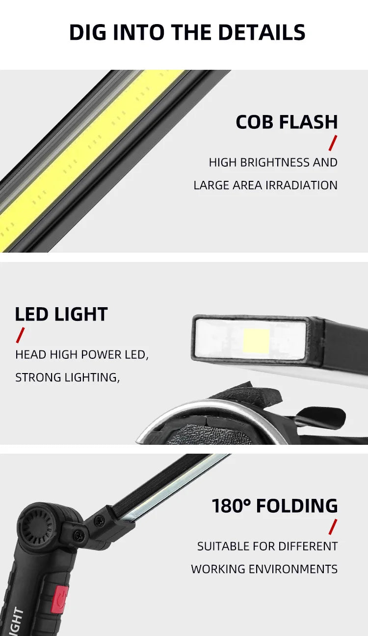 Portable COB LED Flashlight USB Rechargeable Work Light Magnetic Lanterna Hanging Lamp with Built-in Battery Camping Torch