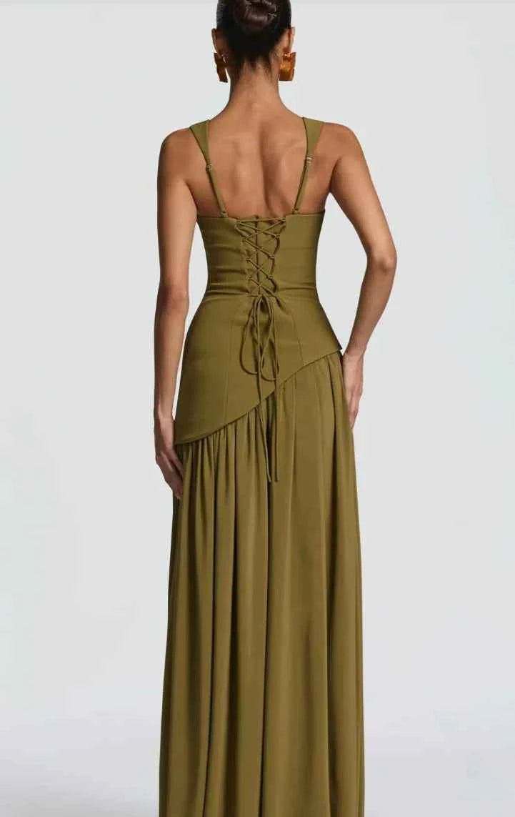 Suninheart Summer Elegant Olive Green Maxi Dress for Women Flowy Long Dress with Scarf Birthday Party Beach Graduation dress