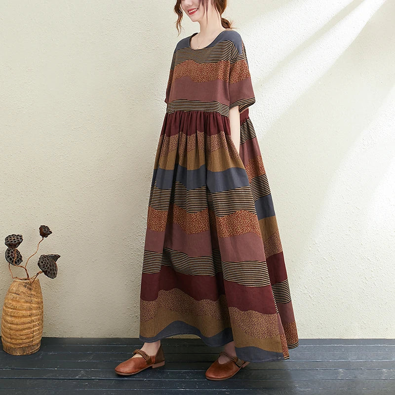 2026 New Summer Cotton Linen Short Sleeve Vintage Striped Print Dresses For Women Long Fashion Dress Elegant Vestidos Robe Femme