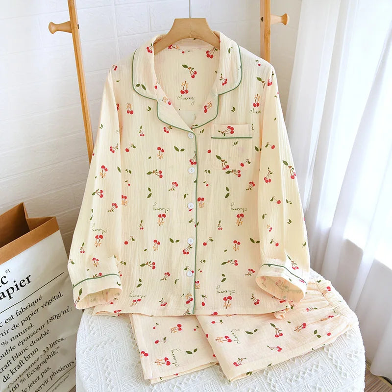 2024 New Summer Autumn Women Pajamas 100% Cotton Gauze Cherry Print Sleepwear Female 2 Piece Set Nightwear Pyjamas Loungewear