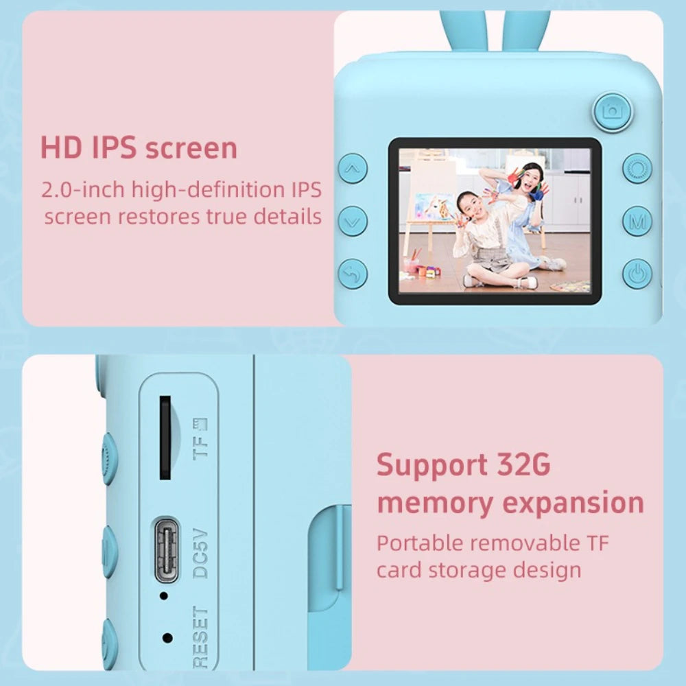 Kids Photo Camera Printer with Game Cute Bunny Mini Digital Video Child Instant Print Camera 4-12 Years Kids Girls Boyes Gifts