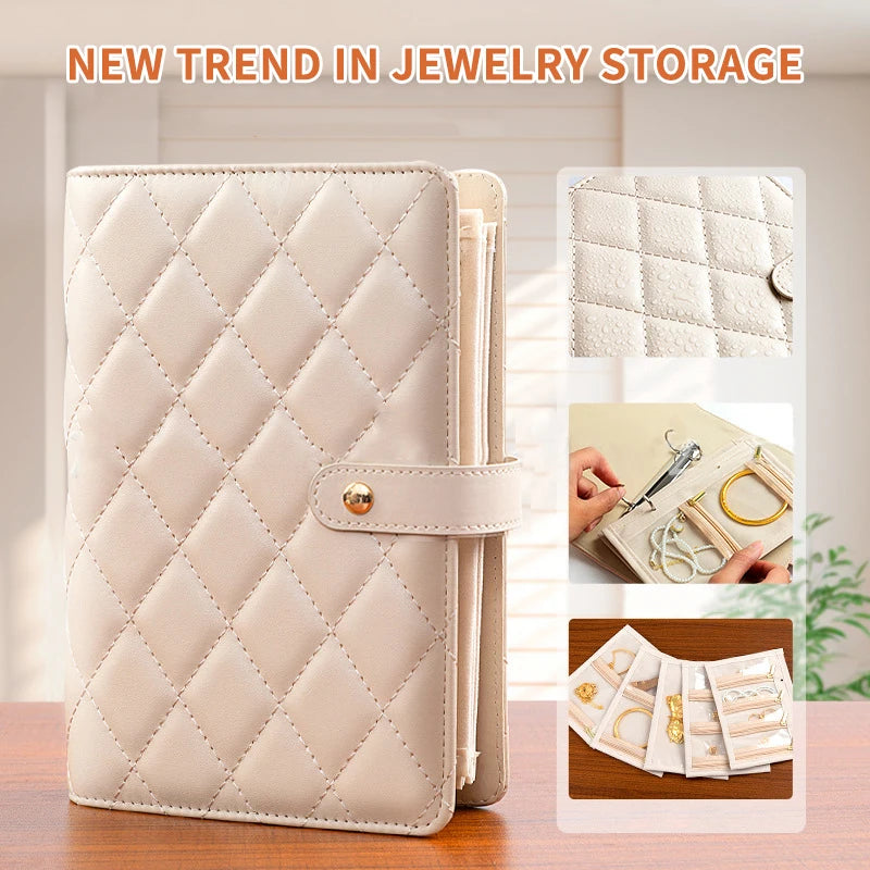 Waffle Pattern Jewelry Organizer PU Leather Anti Tarnish Storage Pouch with Multiple Compartments for Travel