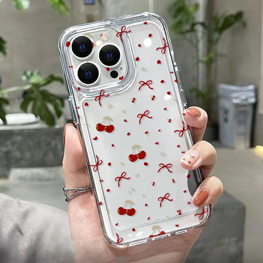 Cute Bow Cherry Phone Case For iPhone 16 Pro Case iPhone 15 13 17 11 12 14 Pro Max 16E XR XS 7 8 Plus SE Shockproof Clear Cover