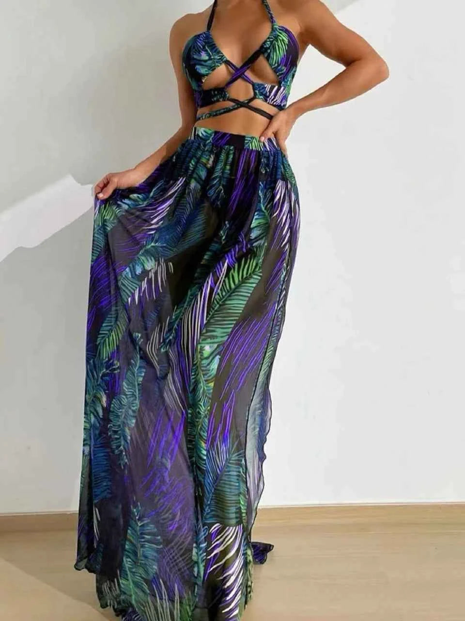 3 Pieces Print Cross Bikini 2025 Women Sexy Halter Swimsuit & Cover Up Beach Dress Swimwear Bathers Bathing Swimming Suit Summer