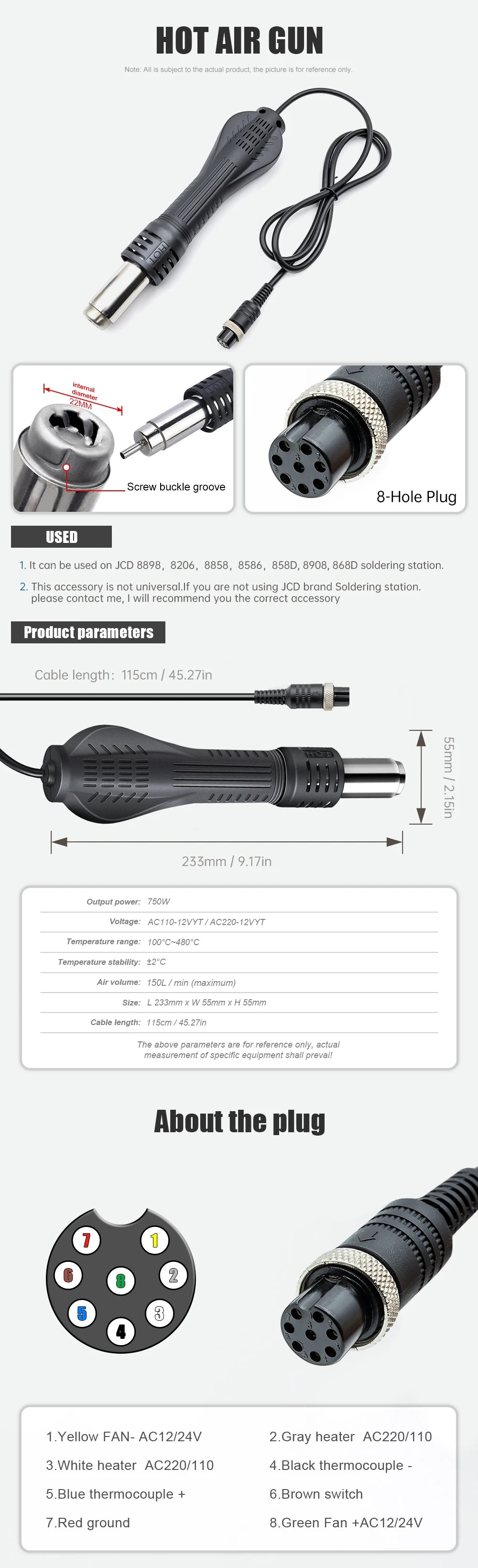 JCD 8-Hole Hot Air Gun Handle Is Suitable For 8898 8858 8586 Rework Solder Repair Station Accessories Tool 3-Hole soldering iron