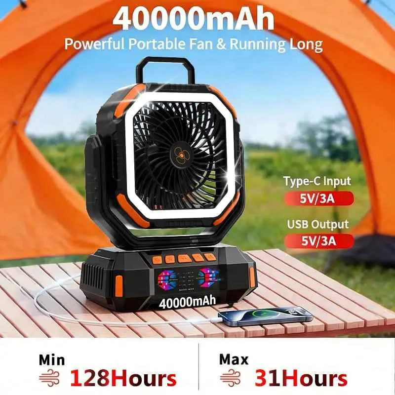 40000mAh Camping Fan Rechargeable Desktop Portable Air Circulator Wireless Ceiling Electric Fan with Power Bank LED Lighting