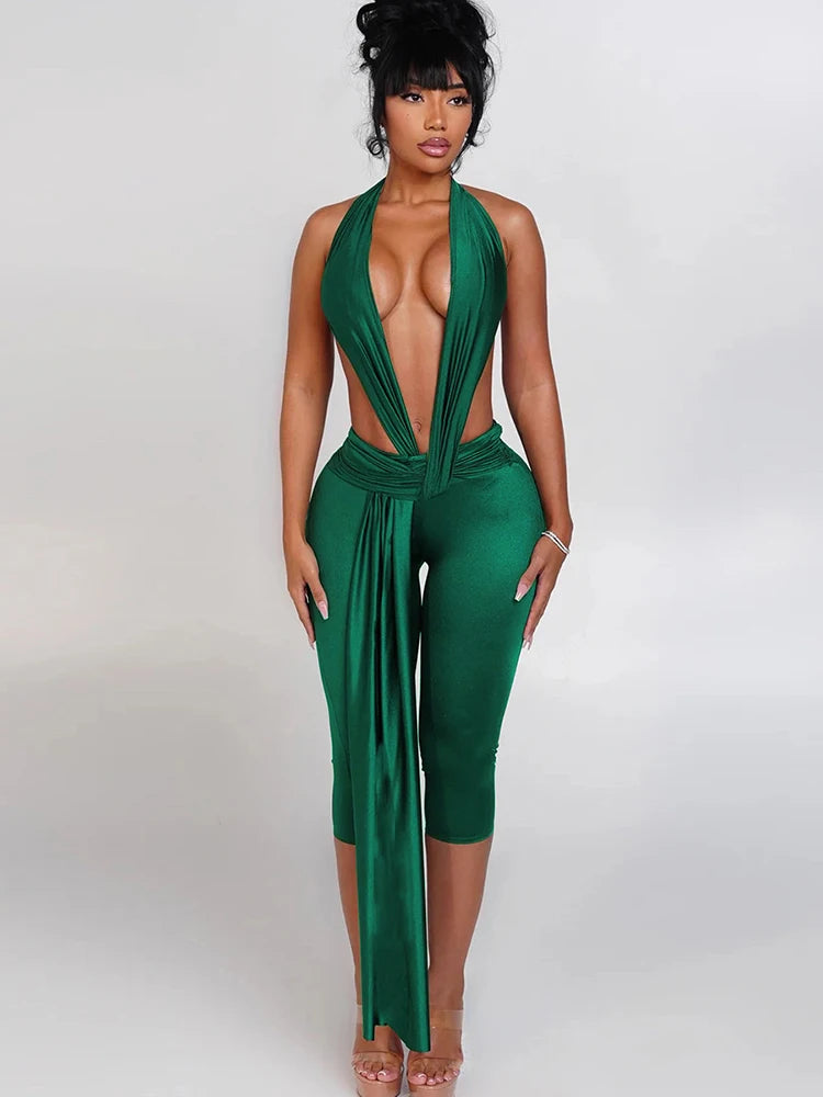 Sisterlinda Backless Halter Romper Women Ribbon Patchwork Sleeveless Elastic Workout Activewear Midnight Activity Slim Playsuits