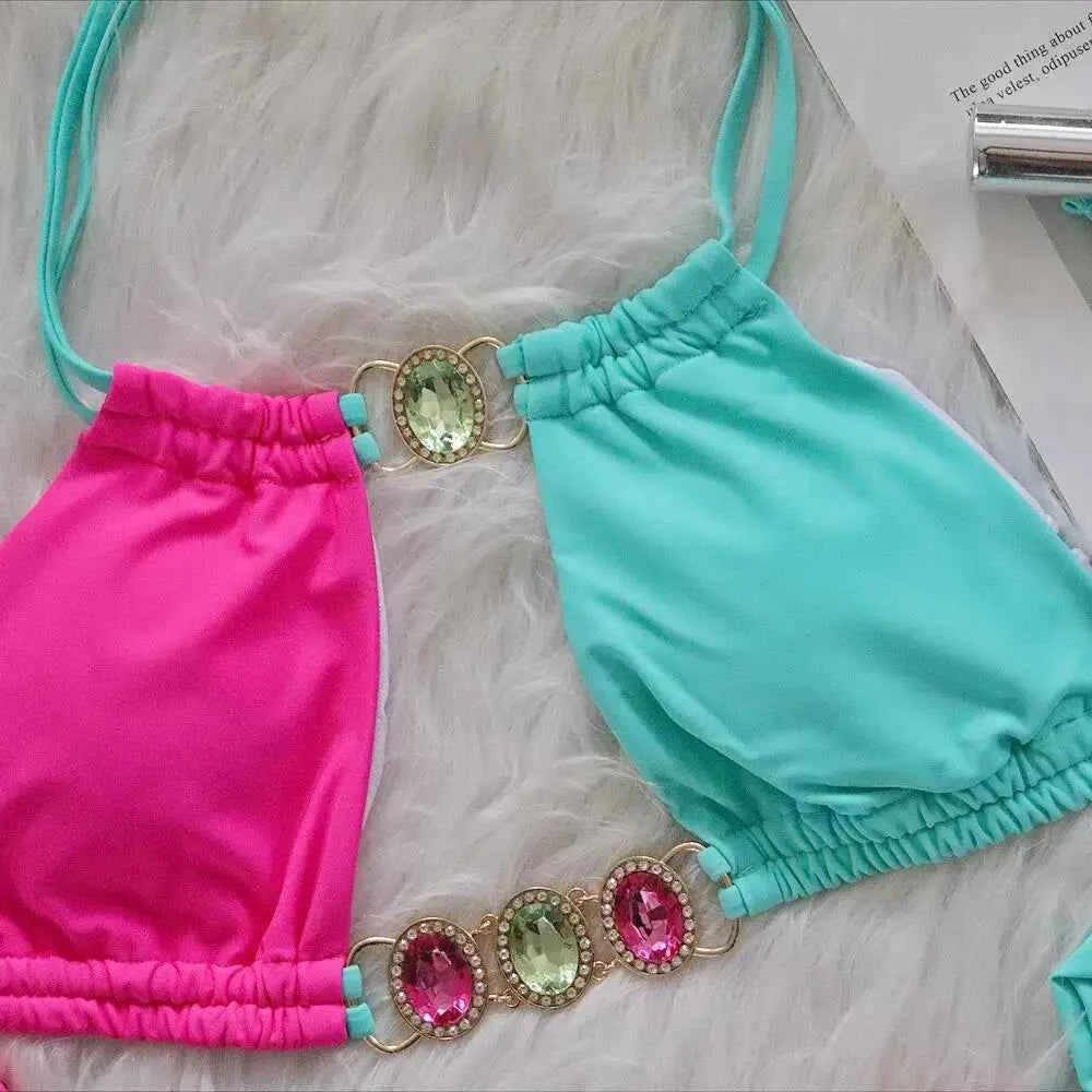 2026 Splicing Halter Diamond Bikini Women Swimsuit Female Swimwear Two Pieces Bikini Set Hollow Out Bathing Suit Swim Beach Wear
