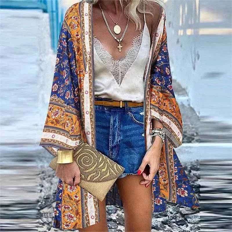 New Summer Bohemian Beach Printed Cardigan Jacket Long Sleeve Leisure Holiday Beach Swimsuit Blouse Shawl Long Coat M-5XL