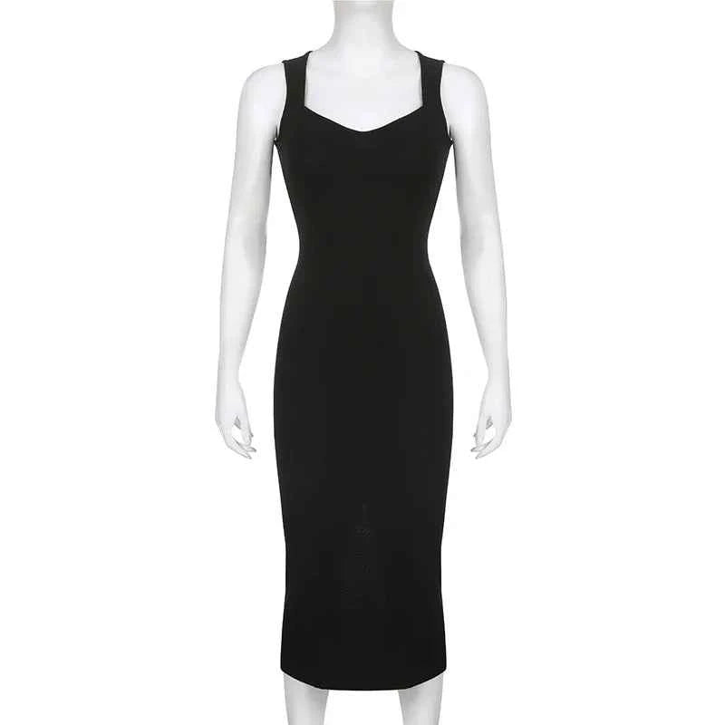 Myufon Basic Knit Long Dress Korean Fashion Square Collar Sleeveless Women's Dresses Summer Casual Y2k Vintage All-match Outftis
