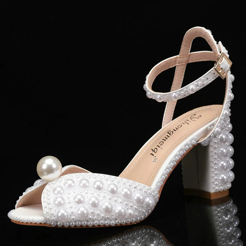2025 Autumn New Fish Mouth High Heels Waterproof Platform Shallow Mouth 8.5cm Pearl Women'S Single Shoes Bride Wedding Shoes