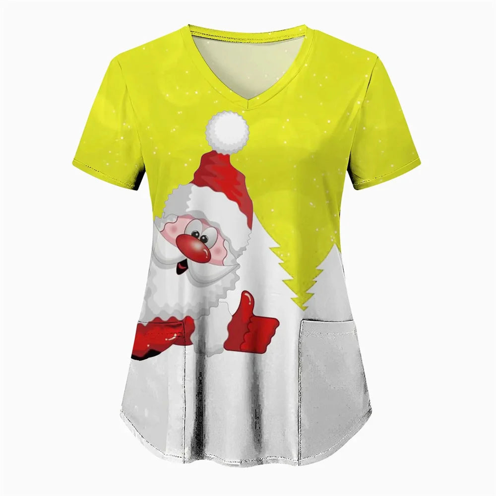 Womens Christmas Nurse T Shirt Print Short Sleeve V Neck Workwear With Pocket Working Nurse Work Wear Overalls Medical Uniforms
