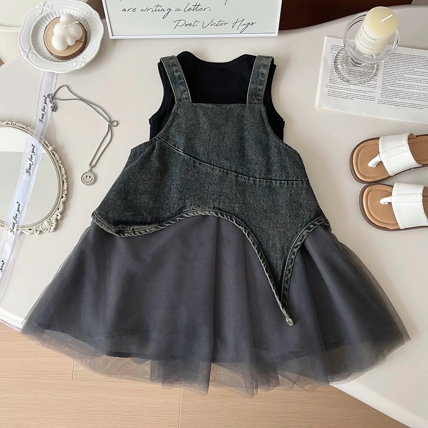 Summer Girls Clothes Sets Sleeveless T-shirt+Denim Mesh Dress Korean Kids Clothing Children Casual Clothes Suits 2 3 4 5 6 7Yrs