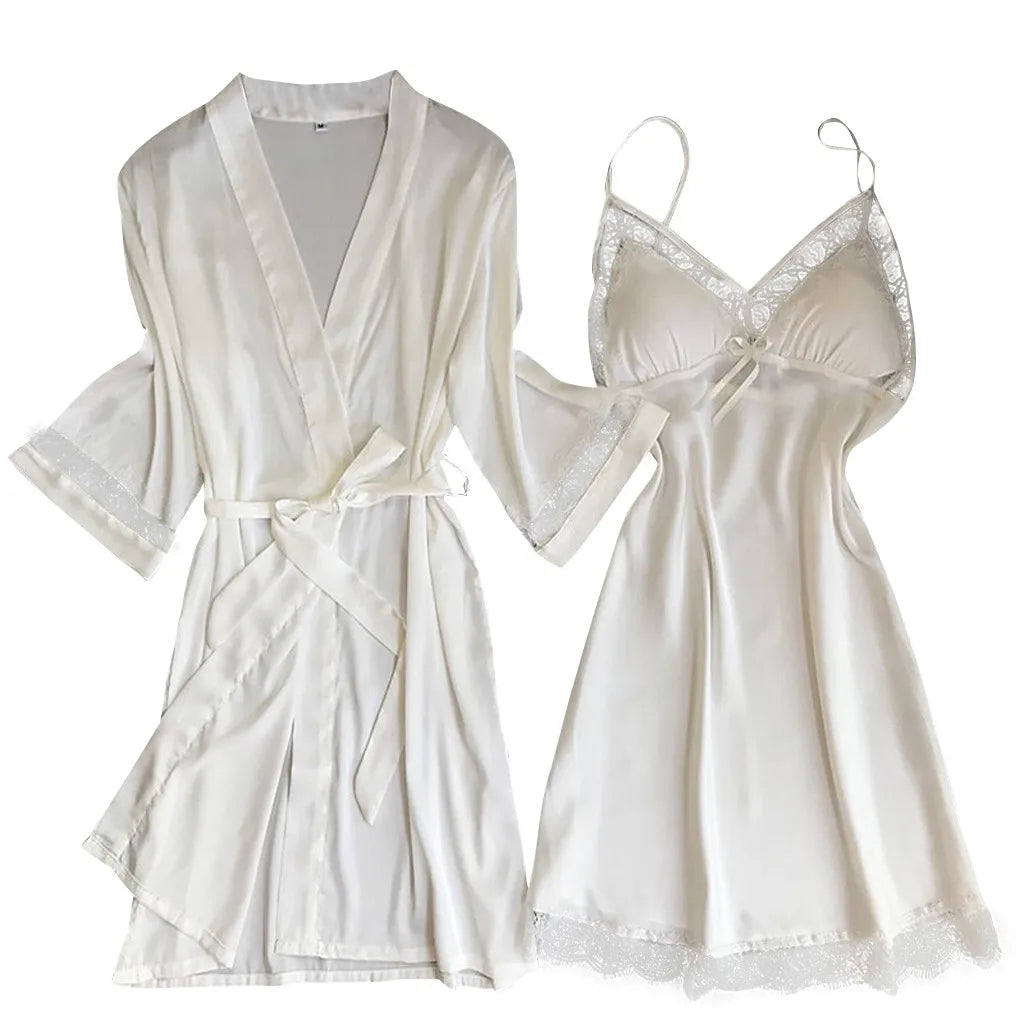 2pcs Women Pajamas Suit Silky Satin Nightgown Nightdress Set Lace Patchwork Lace-Up Women Bathrobe Sleepwear Set