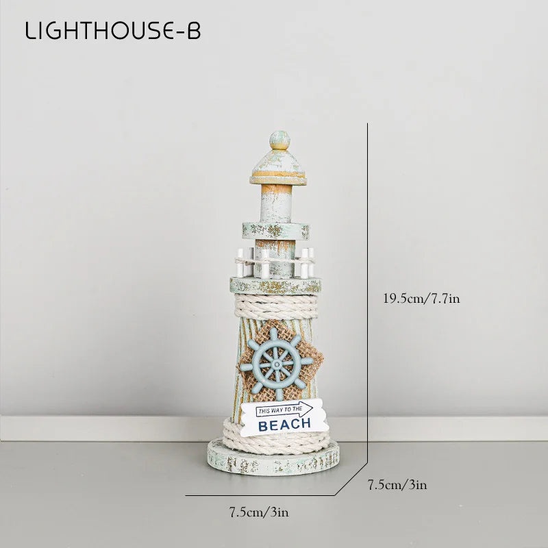 Mediterranean Style Home Decoration Figurines Desktop Ornaments Ocean Wooden Lighthouse Model Wood Ship Crafts Wall Decor Plaque