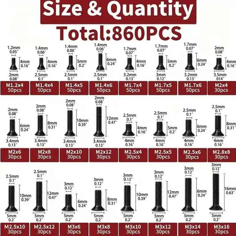 860 PCS Small Computer Screws Assortment Kit, Black Tiny Eyeglass Screws M1.2 M1.4 M1.7 M2 M2.5 M3, PC & Laptop SSD Hard Drive C