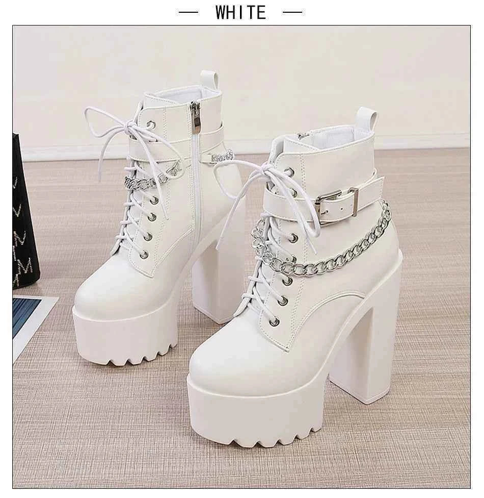 Gdgydh Gothic Buckle Strap Ankle Boots Women Faux Leather Platform Block Chunky Heels Chain Ultra High Heels Motorcycle Boots