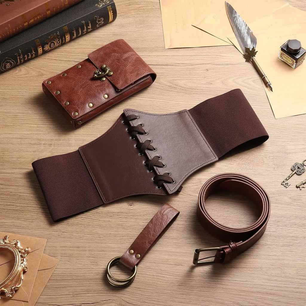 5pcs/4pcs Medieval Renaissance Costume Set Wallet/Belt/Pouch/Keychain Corset PU Leather Belt Wallet Hiking Steunk Viking Cosp
