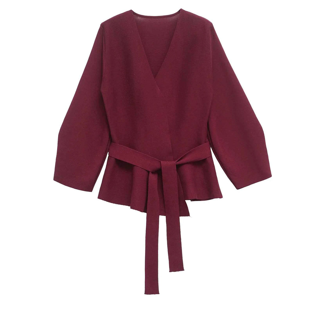 Spring Women Shoulder Pad Belt Knit Blazer Women Retro V-neck Long Sleeve Versatile Female Coat Women Clothes 9598/128