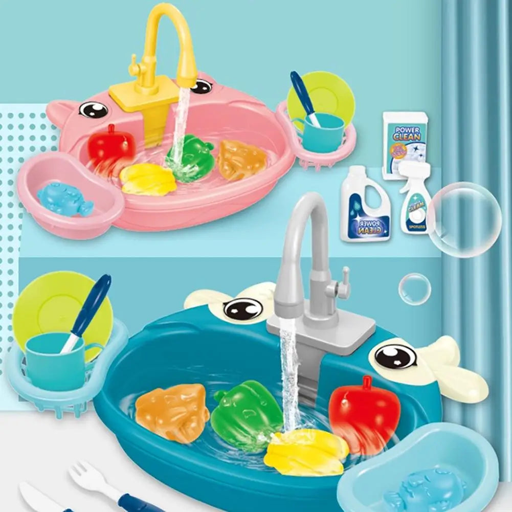 Kids Kitchen Sink Toys Electric Dishwasher Playing Toy with Running Water Pretend Play Food Fishing Toy Role Playing Girls Gift