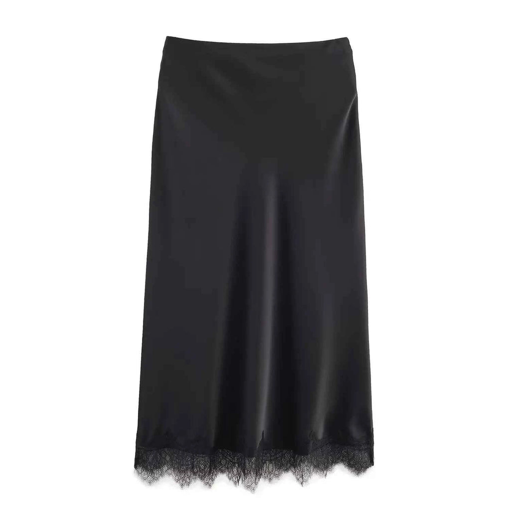 SAW Independent Station Sexy Lace Patchwork Satin Feel Mini Skirt Autumn Fashion Trendy Polyester Fiber Long A-Line Skirt